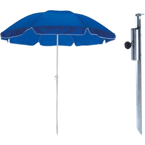 Parasol met metalen grondharing - blauw - polyester - Dia 145 cm - verstelbaar -