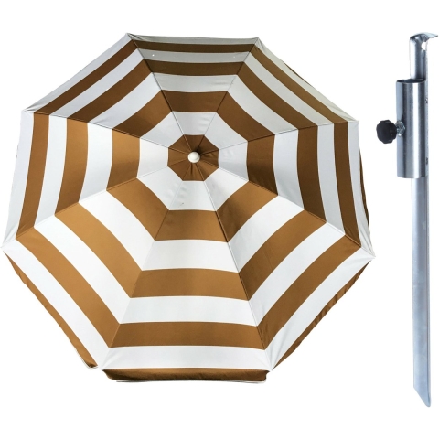 Parasol met metalen grondharing - goud/wit gestreept - polyester - Dia 140 cm - verstelbaar -