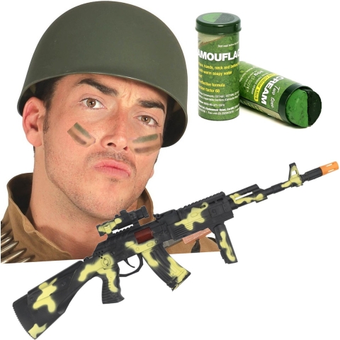 Carnaval verkleed set Leger soldaten helm - camouflage schmink stift - machinegeweer -