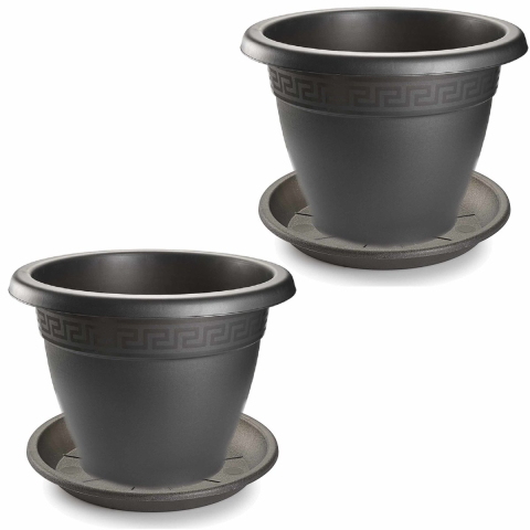 3x stuks bloempotten met onderschaal antraciet grijs rond diameter 20 cm -