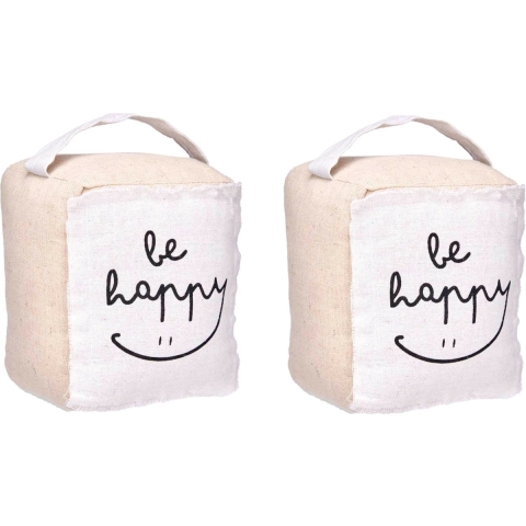 Deurstopper - 2x - 1 kilo - beige - canvas - Be happy - 14,5 x 16 x 19 cm -