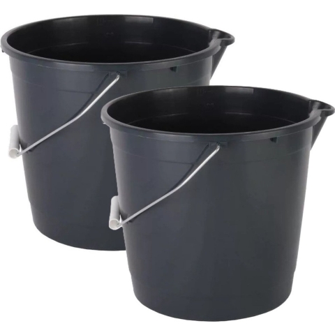 Huishoud/schoonmaak emmer met tuit - 2x - 10 liter - zwart - multifuctioneel -