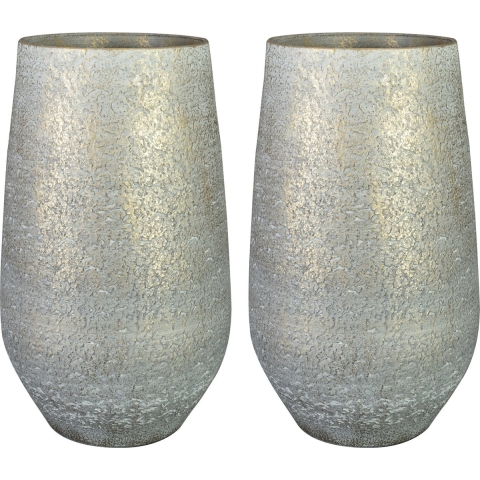 Bloempot/plantenpot 2x - hoog model - metallic zilvergrijs/goud - D23 en H36 cm - keramiek -