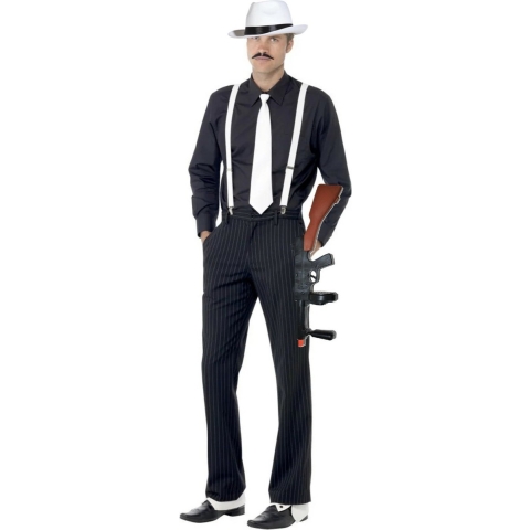 Gangster verkleedkleding setje wit - hoed - stropdas - bretels - machinegeweer - voor heren -