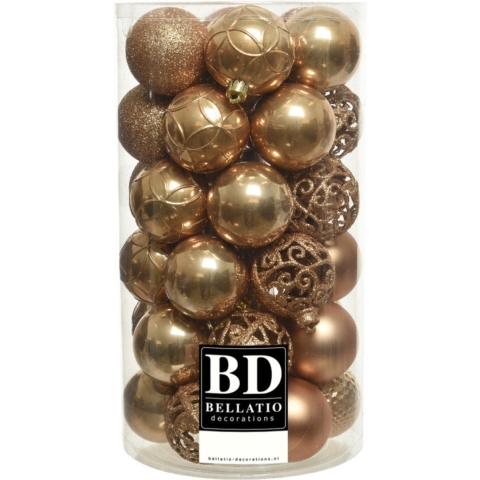 37x stuks kunststof kerstballen camel bruin 6 cm inclusief kerstbalhaakjes -