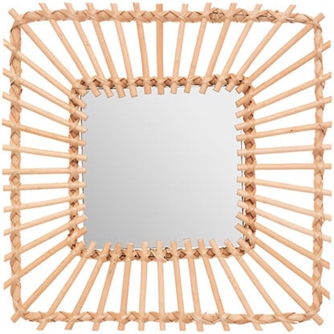 Wandspiegel Leonie - Boho/Ibiza stijl - vierkant - rotan - lichtbruin - 40 x 40 cm -