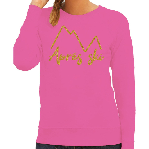 Apres ski sweater dames - Apres ski - bergen - roze - glitter goud - wintersport L -