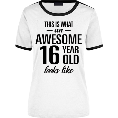 Awesome 16 year / 16 jaar wit/zwart ringer cadeau t-shirt voor dames M -