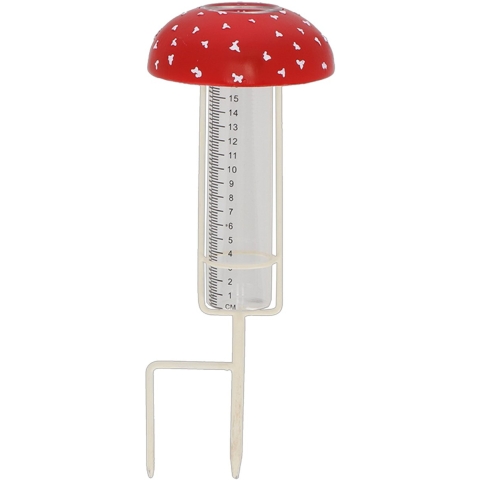 World of Weather Regenmeter - vliegenzwam - rood - glas - met grondpin - 34 cm -