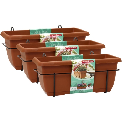 Plasticforte Balkonbak - 3x - terracotta - 40 cm - plantenbak met hanger - bloembak -