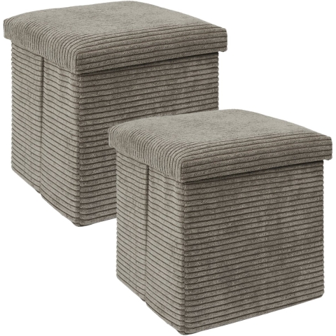 Poef/hocker - 2x - opbergbox - rib - taupe - polyester - 38 x 38 cm -