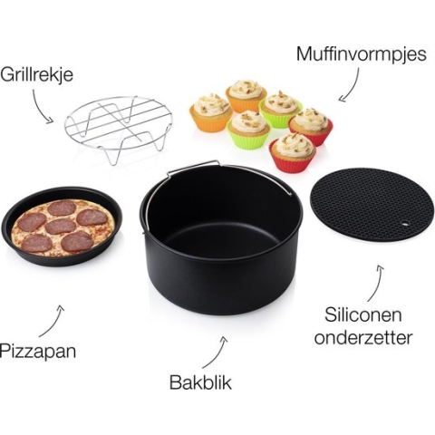 Princess 182011 Airfryer Accessoireset 10-delig - Accessoire voor heteluchtfriteuse - Grillrek - Pizzapan - Muffinset - Bakblik - Siliconen onderzetter