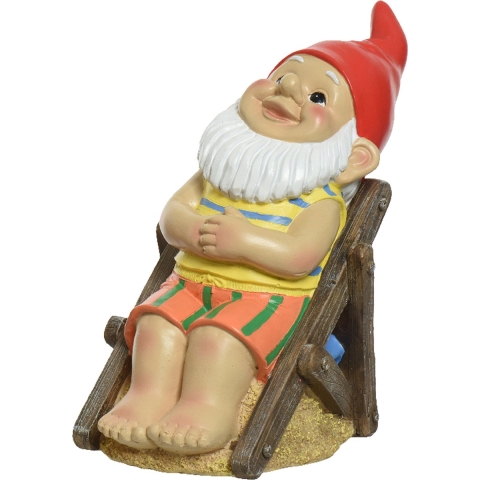 Decoris tuinkabouter - zonnend in strandstoel - kunststeen - H21 cm -