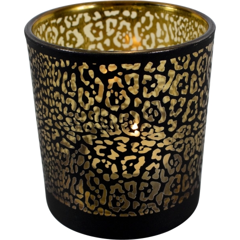 Theelichthouder - mat zwart - 18 cm - jaguar print - glas - waxinelichthouder -