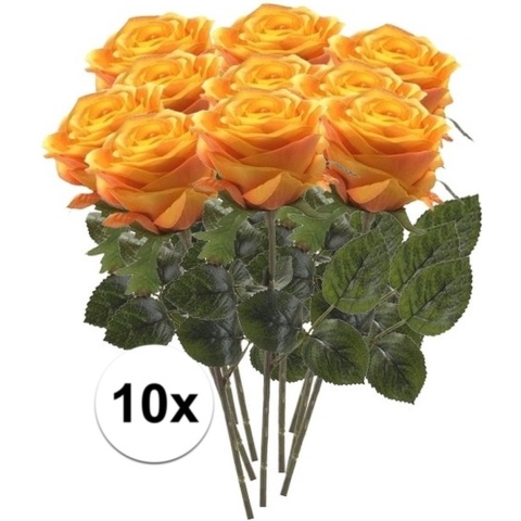 Kunstbloem roos Simone - 10x - geel/oranje - 45 cm - decoratie bloemen -