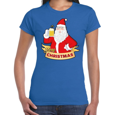 Fout kerstshirt blauw santa met pul bier voor dames XL -