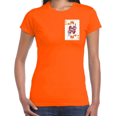 Koningsdag T-shirt voor dames - kaarten koning - oranje - feestkleding S -