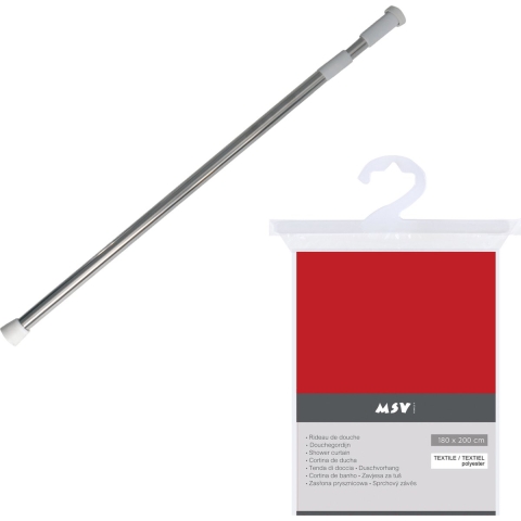 MSV Douchegordijn met ophangstang - uitschuifbaar 75-125 cm - rood - 180 x 200 cm - polyester -
