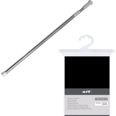 MSV Douchegordijn met ophangstang - uitschuifbaar 75-125 cm - zwart - 180 x 200 cm - polyester -