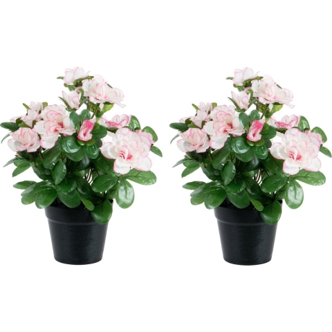 Azalea Kunstbloemen - 2 stuks - in pot - wit/roze - H25 cm -
