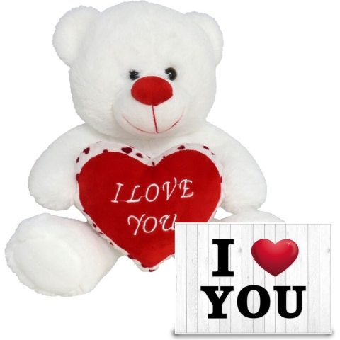 Pluche knuffel Valentijn I Love You beertje 30cm met hartjes wenskaart -