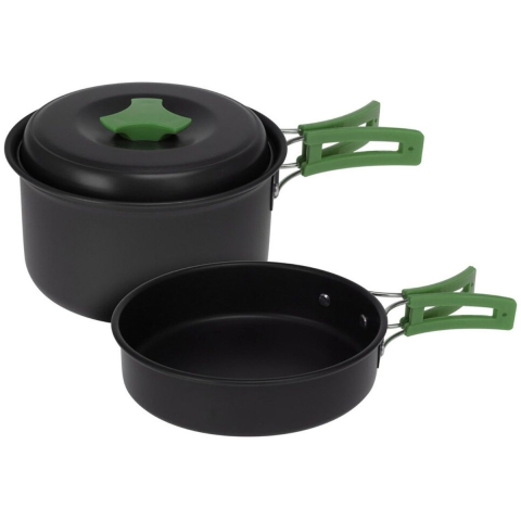Redcliffs Outdoor Camping pannenset - 2x - aluminium/RVS - zwart/groen - kamperen -