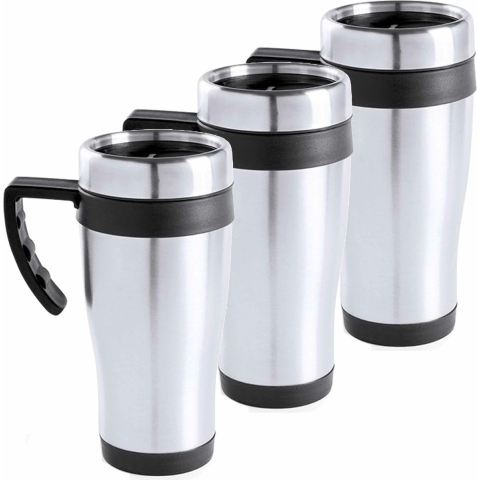 RVS thermosbeker/warmhoud koffiebeker - 3x - zwart - 500 ml - Isoleerbekers/reisbekers -