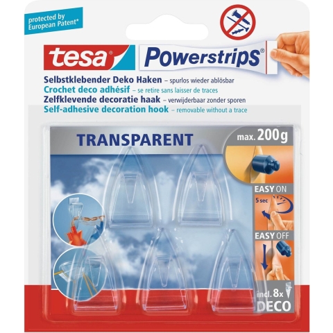 Tesa powerstrips deco haken - 10x - 5 stuks - transparant - kunststof - zelfklevend -