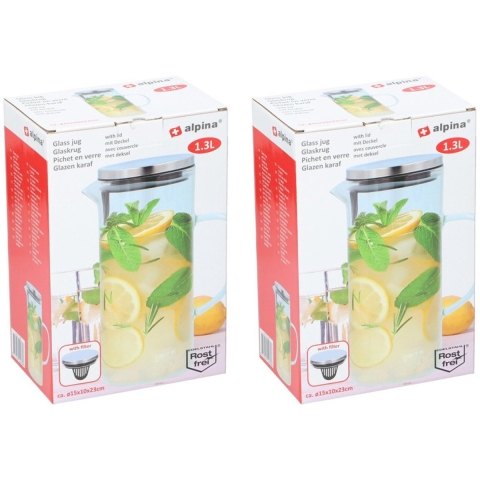Alpina Waterkaraf - 2x - met handvat en filter - 1,3 L - schenkkan -
