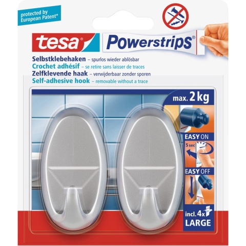 Tesa Powerstrips - 6x stuks - mat chroom - haken ovaal large -