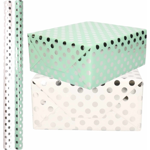 6x Rollen luxe folie inpakpapier zilveren stippen pakket - mintgroen/wit 200 x 70 cm -