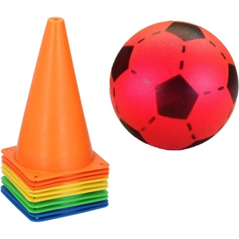 10x Stuks sport/voetbal training pionnen 23 cm met rode soft voetbal -