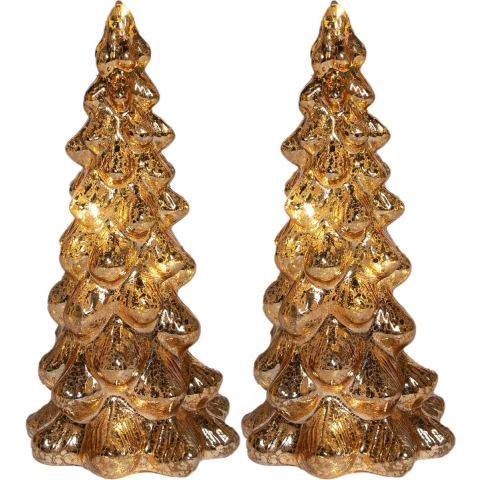 Kerstboom beeldjes - 2x st - goud - met LED licht - H20 cm - glas - decoratie kerstboompje -