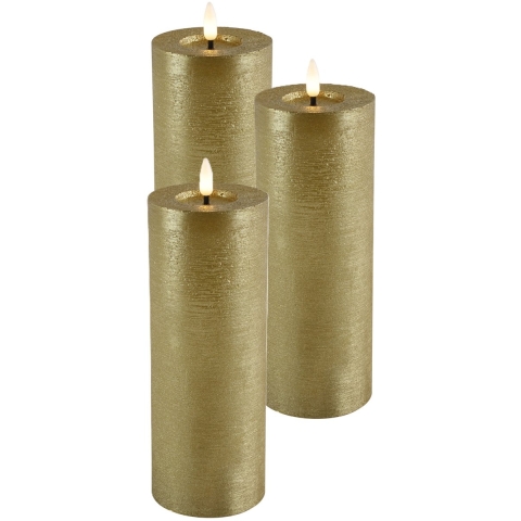 LED kaars/stompkaars - 3x - goud - D7,5 x H20 cm - timer - warm wit -