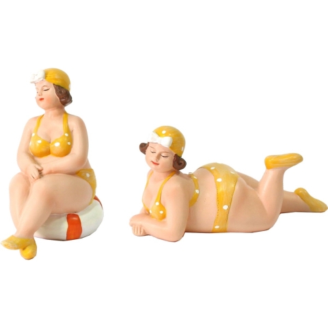 Woonkamer decoratie beeldjes set van 2 dikke dames - geel badpak - 11 cm -