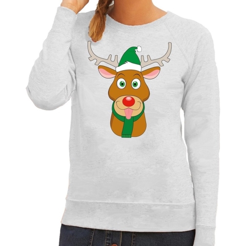 Foute kersttrui rendier Rudolf met groene kerstmuts grijs dames XS (34) -