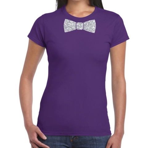 Paars fun t-shirt met vlinderdas in glitter zilver dames XL -