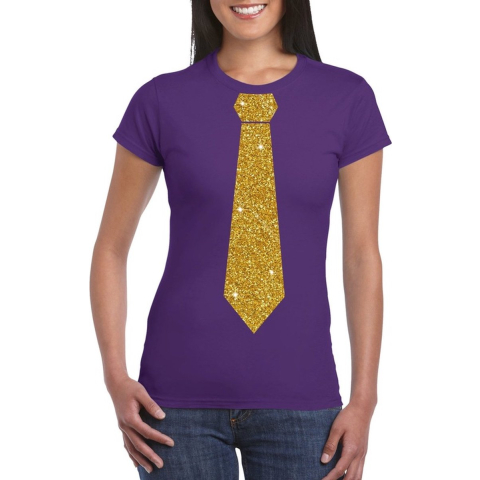 Paars fun t-shirt met stropdas in glitter goud dames S -