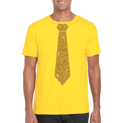 Geel fun t-shirt met stropdas in glitter goud heren L -