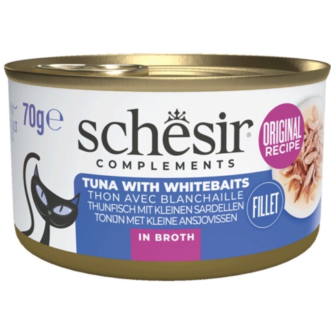 12x Schesir Kattenvoer Tonijn en Witvis in Boullion 70 gr