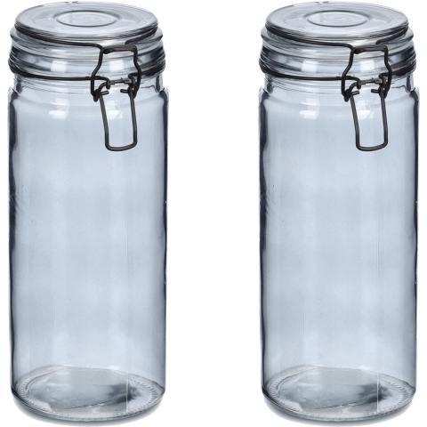Voorraadpotten/bewaarpotten - 2x - 1L - grijs - glas - beugelsluiting - D10 x H20 cm -