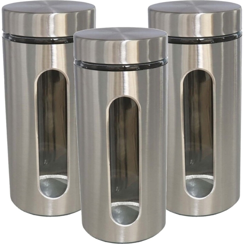 Voedsel bewaren keuken voorraad pot - 3x stuks - zilver metaal - deksel - 1300 ml -