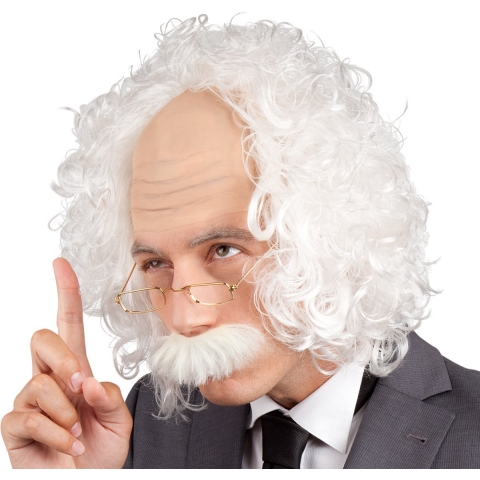 Verkleedpruik voor heren - wit - Professor/oude man - Carnaval - half lang warrig haar -