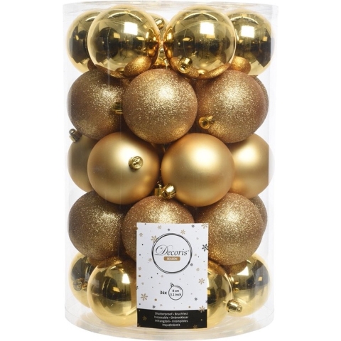 Decoris kerstballen - 34x st - goud - 8 cm - kunststof - kerstversiering -