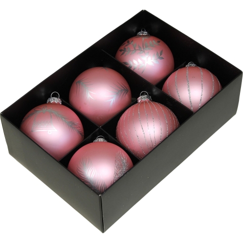 Luxe gedecoreerde kerstballen - 6x stuks - roze - glas - 8 cm -