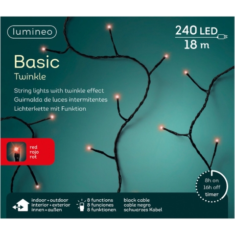 Lumineo Kerstverlichting twinkle - met timer - rood - buiten - 240 lampjes - 18 meter -