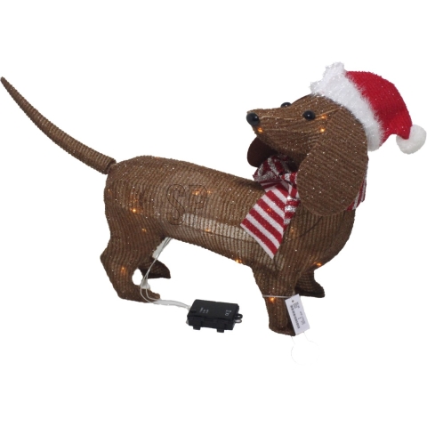 Kerstverlichting figuur - hond/teckel - met kerstmuts - 70 x 14 x 43 cm - 40 LED lampjes wit -