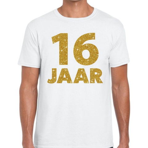 16 jaar goud glitter verjaardag kado shirt wit heren 2XL -