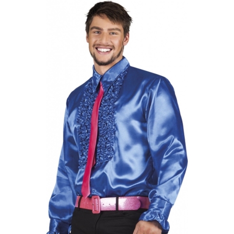 Carnaval verkleedkleding shirt met rouches - blauw - heren - blouse - polyester - Disco time M -