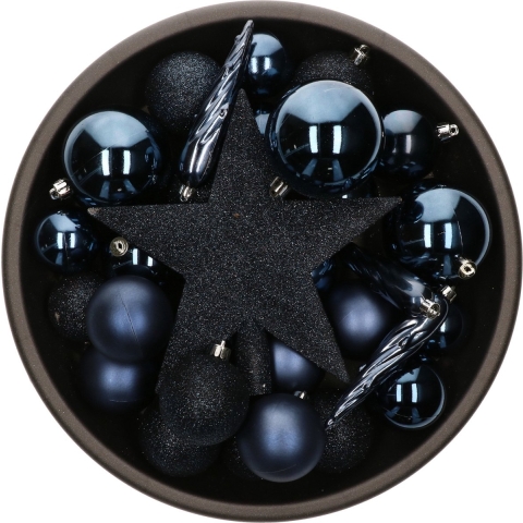 Bellatio Decorations kerstballen set - 33x st - piek - donkerblauw - kunststof -